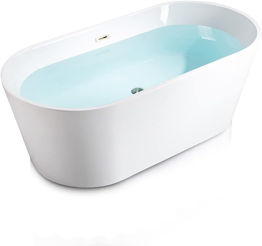 WOODBRIDGE 67" Acrylic Freestanding Bathtub Contemporary Soaking Tub, White Acrylic (Matte Black Drain/Overflow), B0013-MB-Drain &O