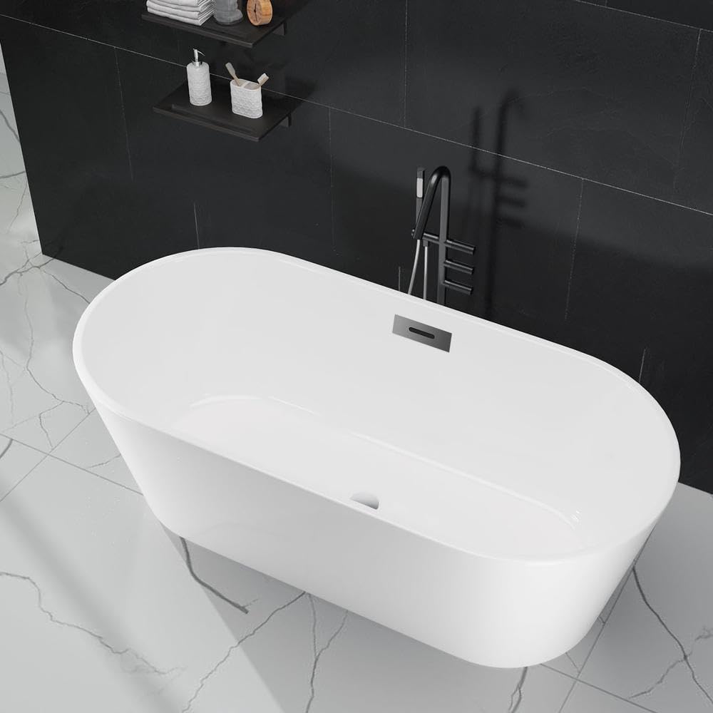Freestanding Bathtub Black and White 59 inch Acrylic Tub with Chrome Drain, Ergonomic Stand Alone Bathtub for Small Space Modern Bathrooms
