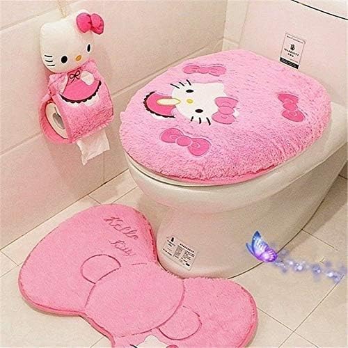 GVTTX Bath mat Cute Cartoon Pink 4 PCS Bathroom Set Toilet Cover WC Non Slip Bath Mat - Toilet Contour Rug Closestool Lid Cover, Seat Cushion,Tissue Box Set (Pink).