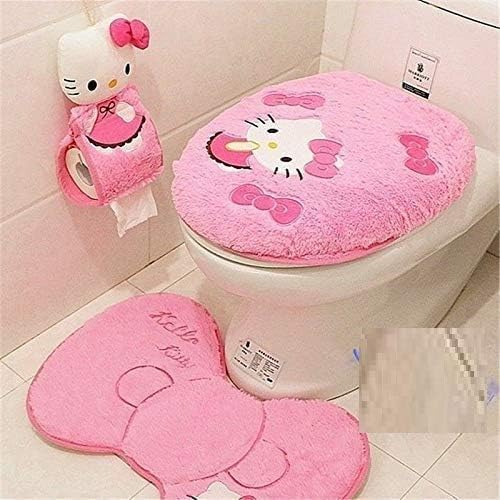 GVTTX Bath mat Cute Cartoon Pink 4 PCS Bathroom Set Toilet Cover WC Non Slip Bath Mat - Toilet Contour Rug Closestool Lid Cover, Seat Cushion,Tissue Box Set (Pink).