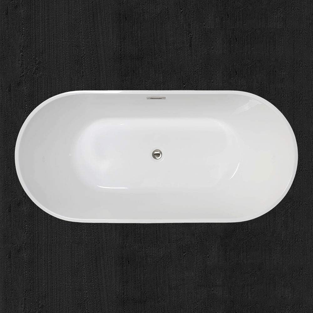 WOODBRIDGE 59" Acrylic Freestanding Bathtub Contemporary Soaking Tub with Brushed Nickel Overflow and Drain B0014B,White