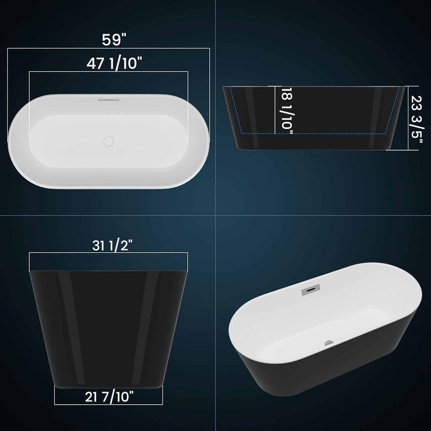 Freestanding Bathtub Black and White 59 inch Acrylic Tub with Chrome Drain, Ergonomic Stand Alone Bathtub for Small Space Modern Bathrooms