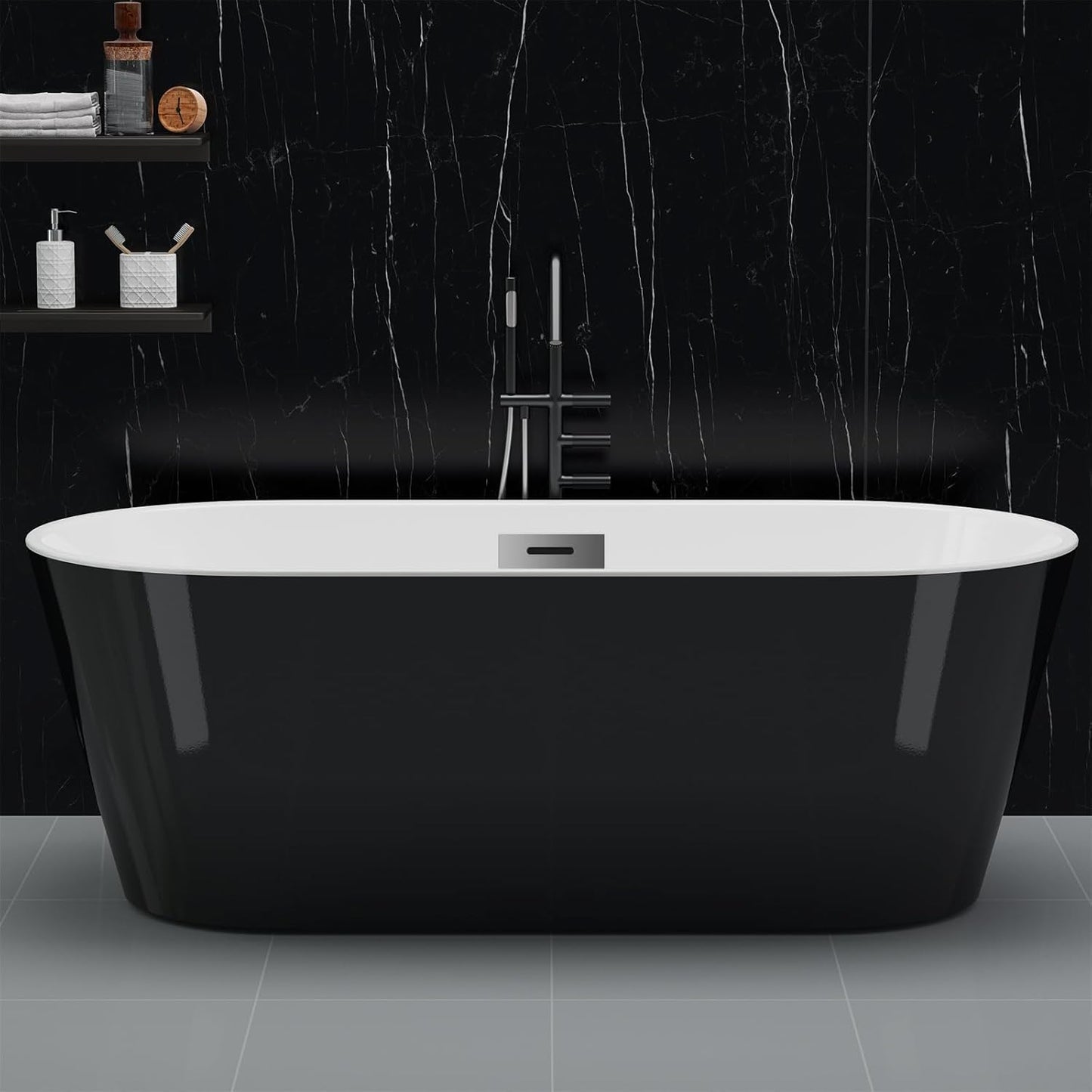 Freestanding Bathtub Black and White 59 inch Acrylic Tub with Chrome Drain, Ergonomic Stand Alone Bathtub for Small Space Modern Bathrooms