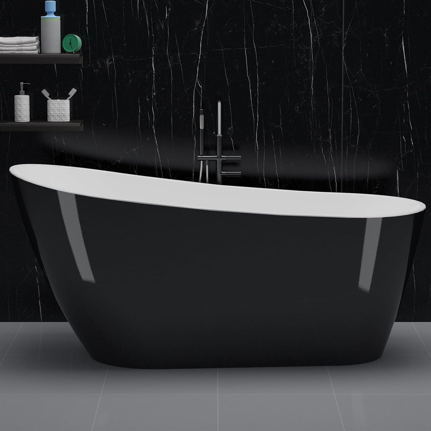 Freestanding Bathtub 59 Inch Acrylic Soaking Tub, Black and White Stand Alone Bathtub with Chrome Drain and Overflow, Space-Saving Freestanding Tub for Small Bathroom or Apartment