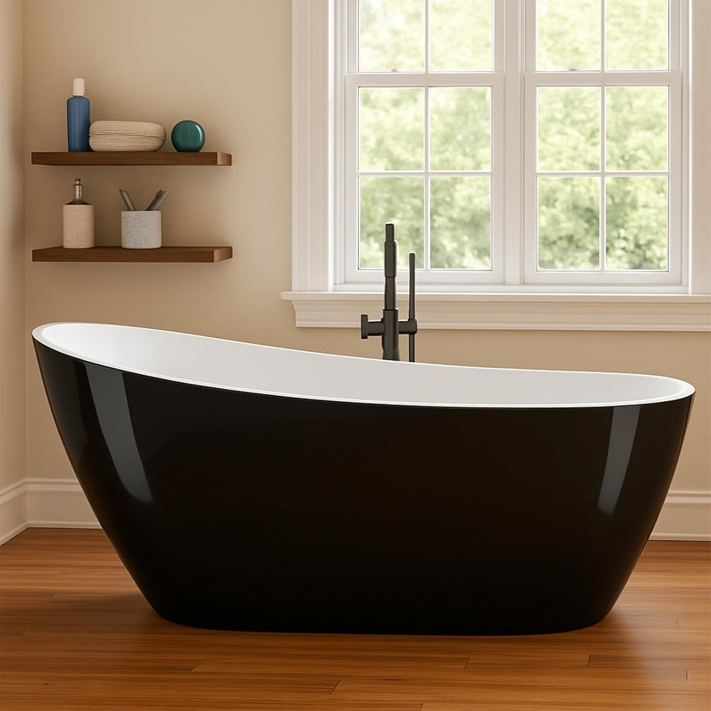 Freestanding Bathtub Black and White 59 inch Acrylic Tub with Chrome Drain, Ergonomic Stand Alone Bathtub for Small Space Modern Bathrooms