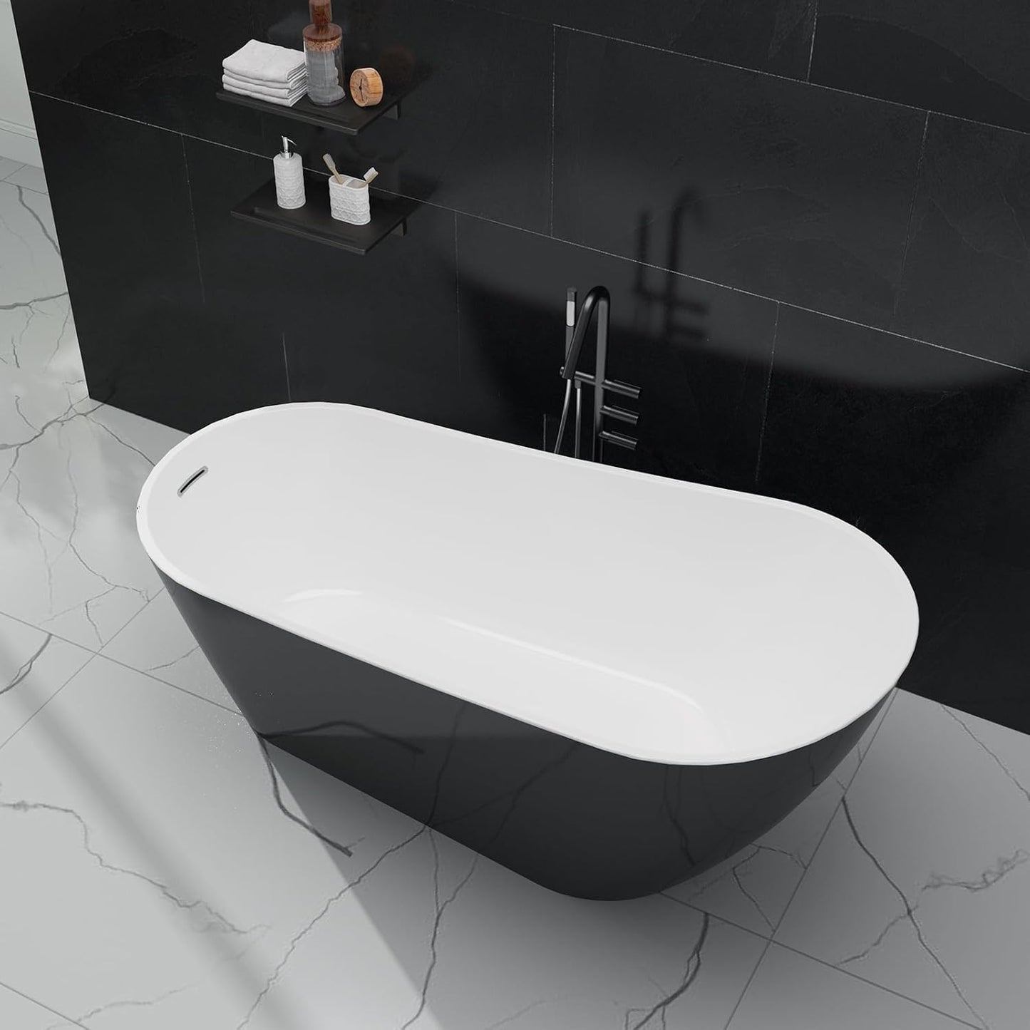 Freestanding Bathtub 59 Inch Acrylic Soaking Tub, Black and White Stand Alone Bathtub with Chrome Drain and Overflow, Space-Saving Freestanding Tub for Small Bathroom or Apartment