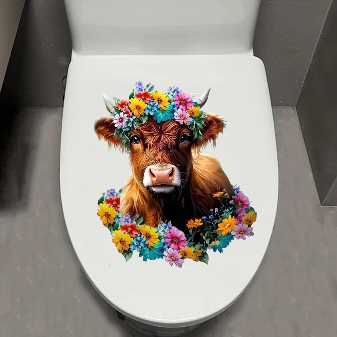 1pcs Cattle Toilet Lid Stickers, Toilet Tank Lid Decals Waterproof, Cartoon Cute Closestool Seat Decals, Bathroom Restroom Door Seat Decoration (Bathing Cattle)