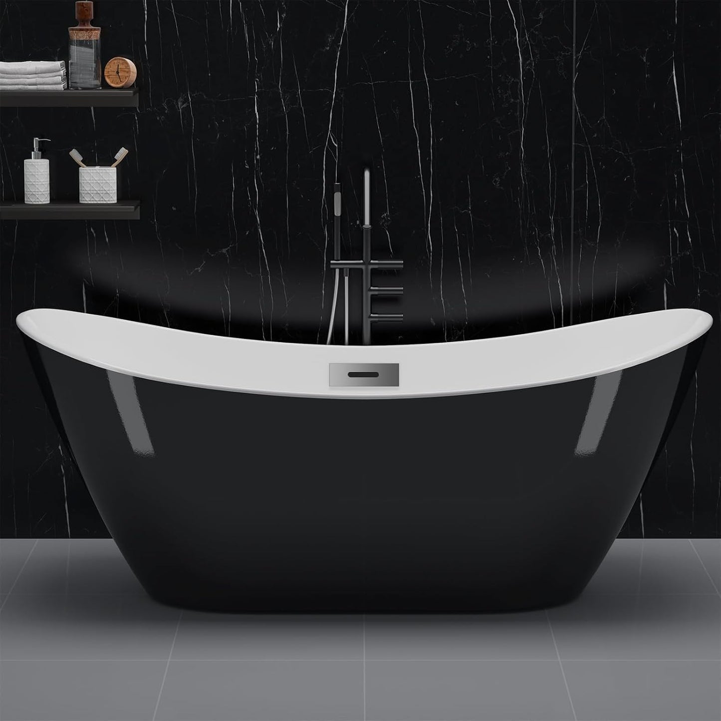 Freestanding Bathtub Black and White 59 inch Acrylic Tub with Chrome Drain, Ergonomic Stand Alone Bathtub for Small Space Modern Bathrooms