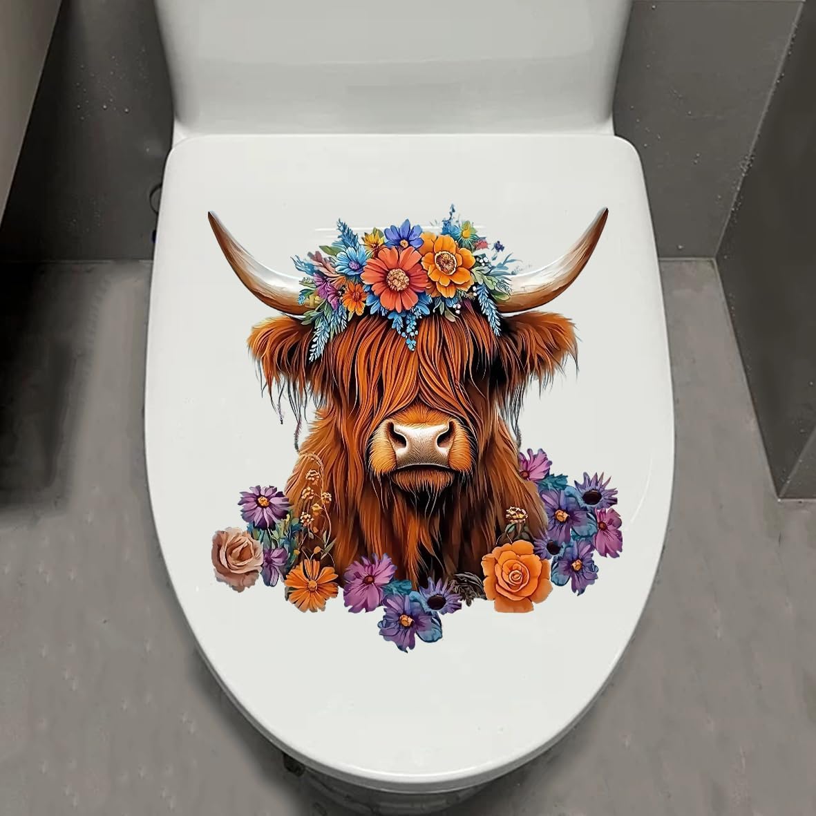1pcs Cattle Toilet Lid Stickers, Toilet Tank Lid Decals Waterproof, Cartoon Cute Closestool Seat Decals, Bathroom Restroom Door Seat Decoration (Bathing Cattle)
