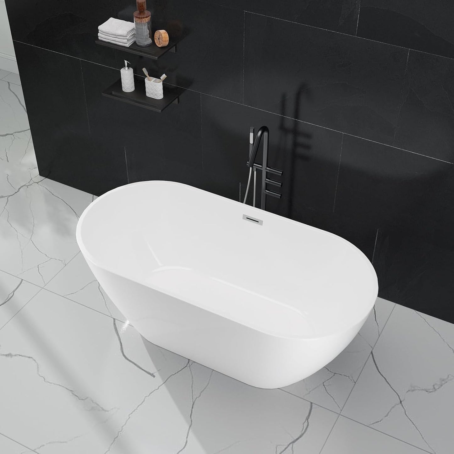 Freestanding Bathtub Black and White 59 inch Acrylic Tub with Chrome Drain, Ergonomic Stand Alone Bathtub for Small Space Modern Bathrooms
