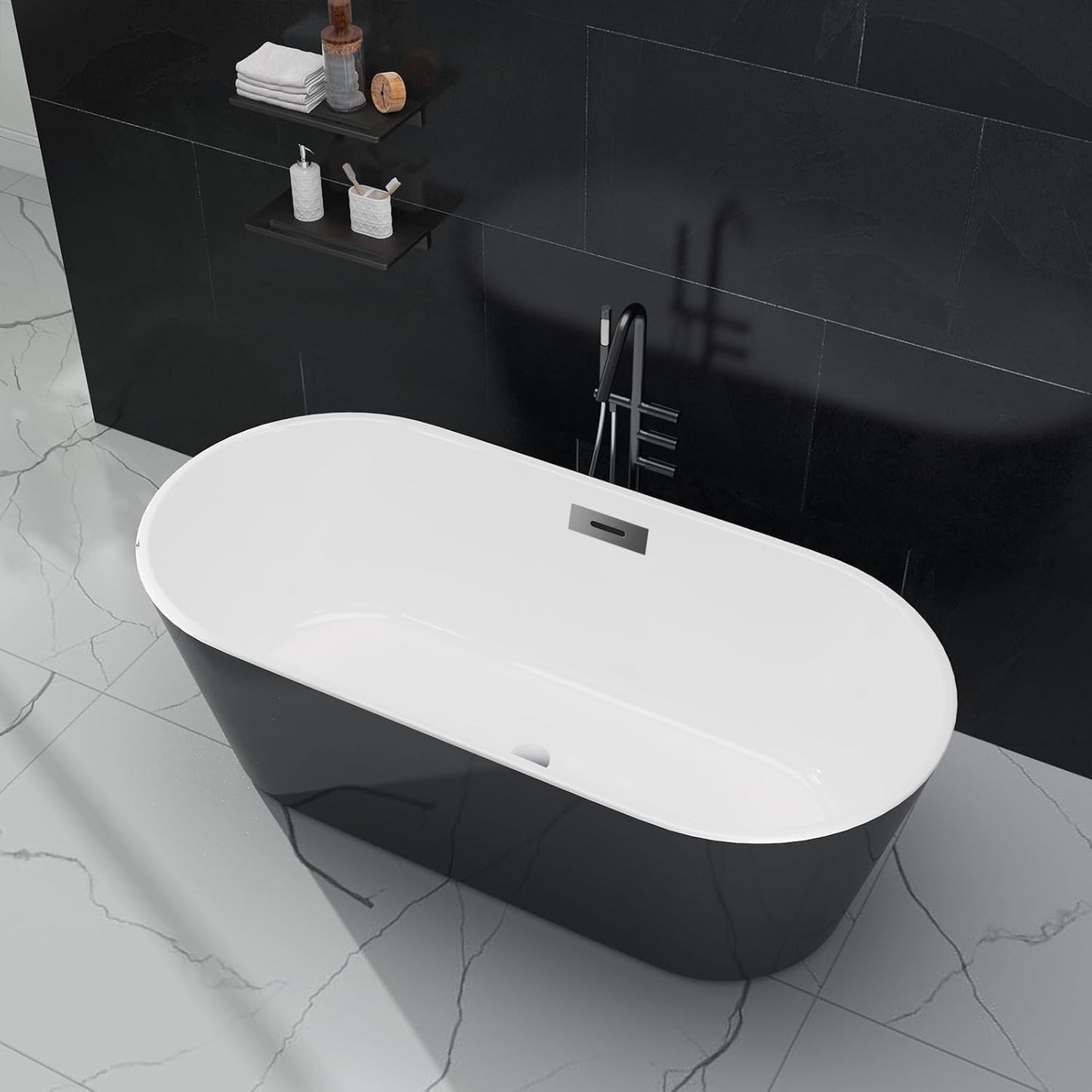 Freestanding Bathtub 59 Inch Acrylic Soaking Tub, Black and White Stand Alone Bathtub with Chrome Drain and Overflow, Space-Saving Freestanding Tub for Small Bathroom or Apartment