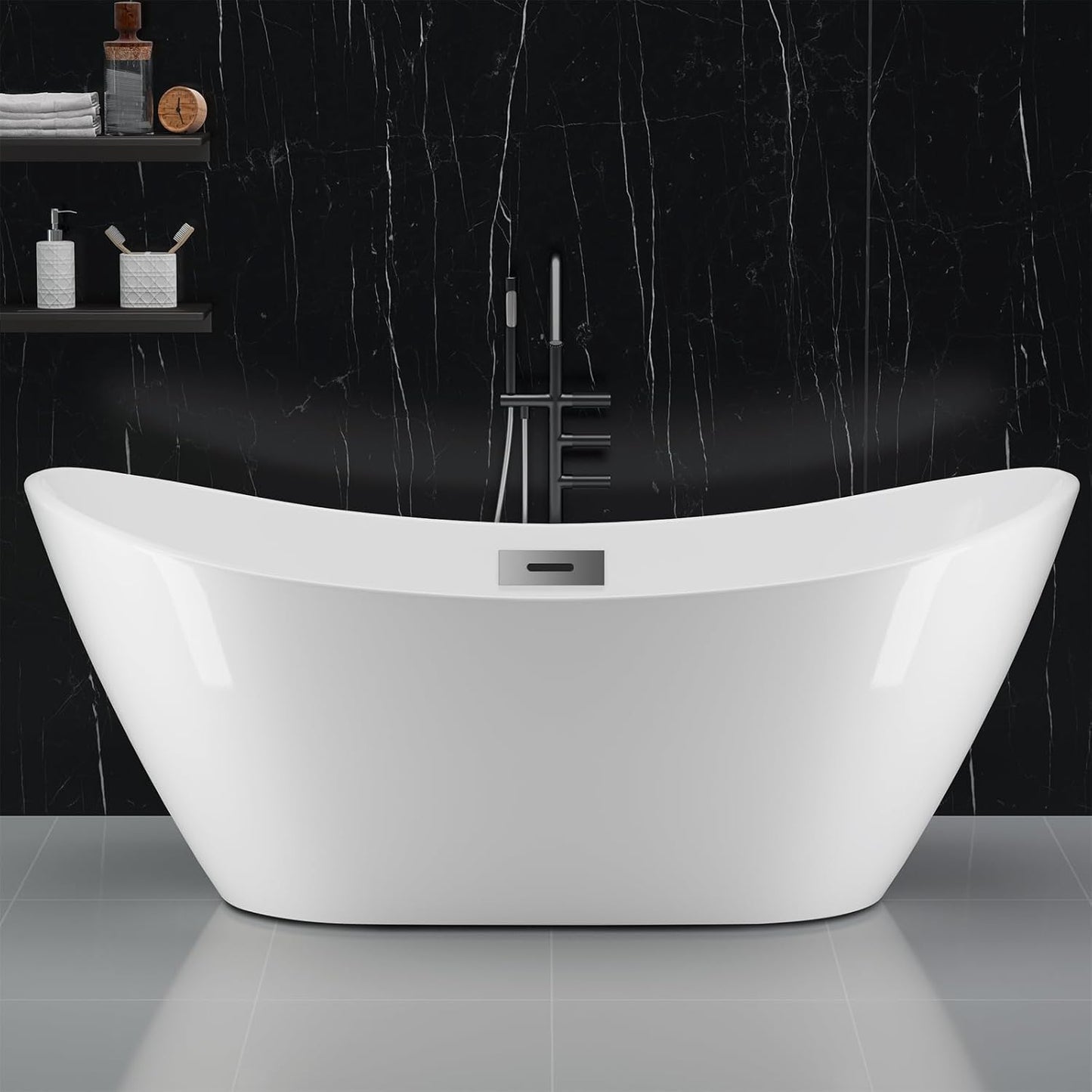 Freestanding Bathtub Black and White 59 inch Acrylic Tub with Chrome Drain, Ergonomic Stand Alone Bathtub for Small Space Modern Bathrooms