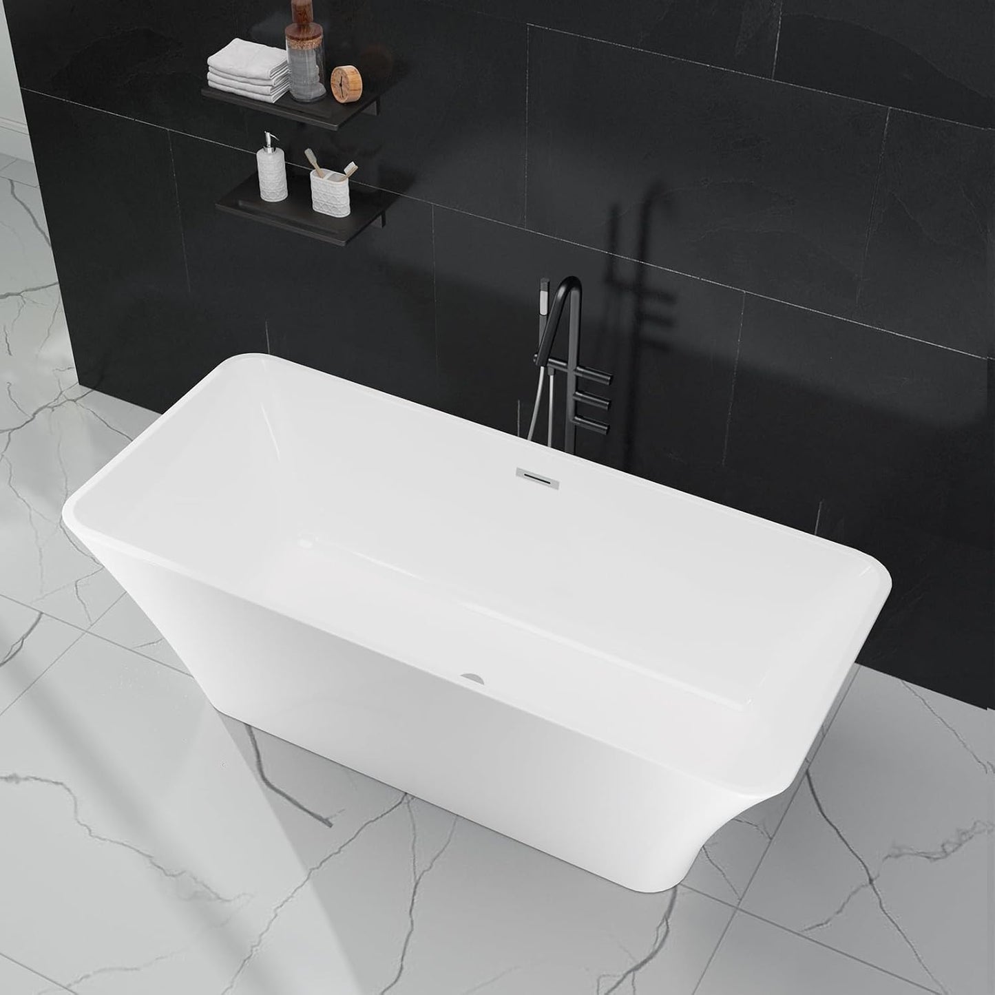 Freestanding Bathtub 59 Inch Acrylic Soaking Tub, Black and White Stand Alone Bathtub with Chrome Drain and Overflow, Space-Saving Freestanding Tub for Small Bathroom or Apartment