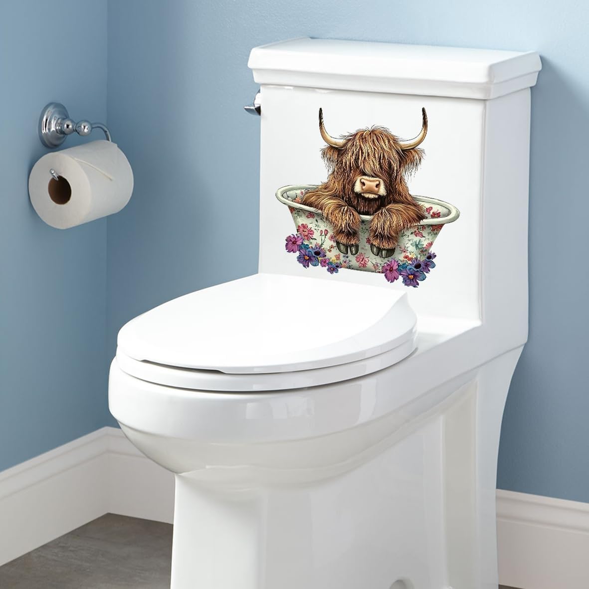 1pcs Cattle Toilet Lid Stickers, Toilet Tank Lid Decals Waterproof, Cartoon Cute Closestool Seat Decals, Bathroom Restroom Door Seat Decoration (Bathing Cattle)