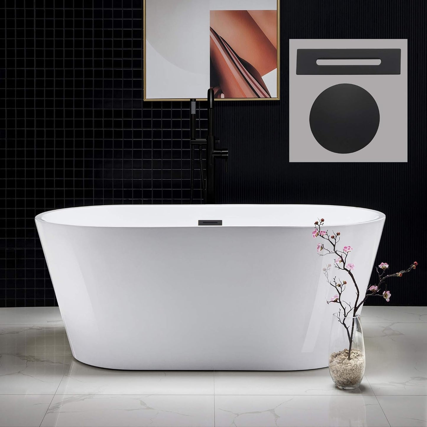 WOODBRIDGE 59" Acrylic Freestanding Bathtub Contemporary Soaking Tub with Brushed Nickel Overflow and Drain B0014B,White