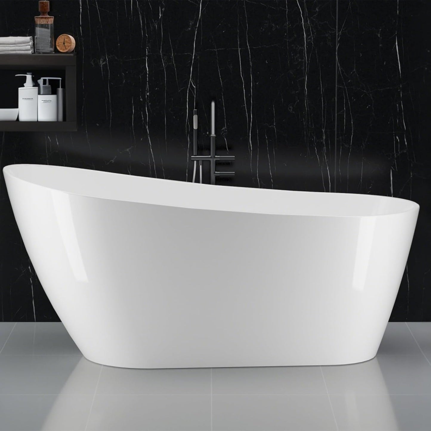 Freestanding Bathtub 59 Inch Acrylic Soaking Tub, Black and White Stand Alone Bathtub with Chrome Drain and Overflow, Space-Saving Freestanding Tub for Small Bathroom or Apartment