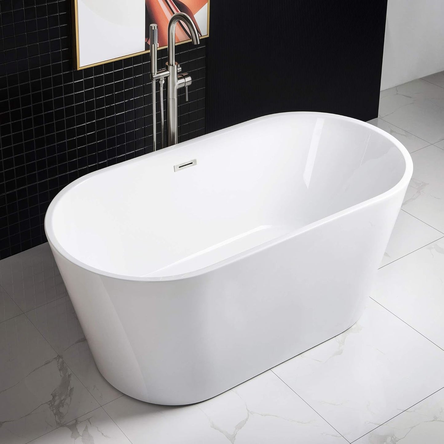WOODBRIDGE 67" Acrylic Freestanding Bathtub Contemporary Soaking Tub, White Acrylic (Matte Black Drain/Overflow), B0013-MB-Drain &O
