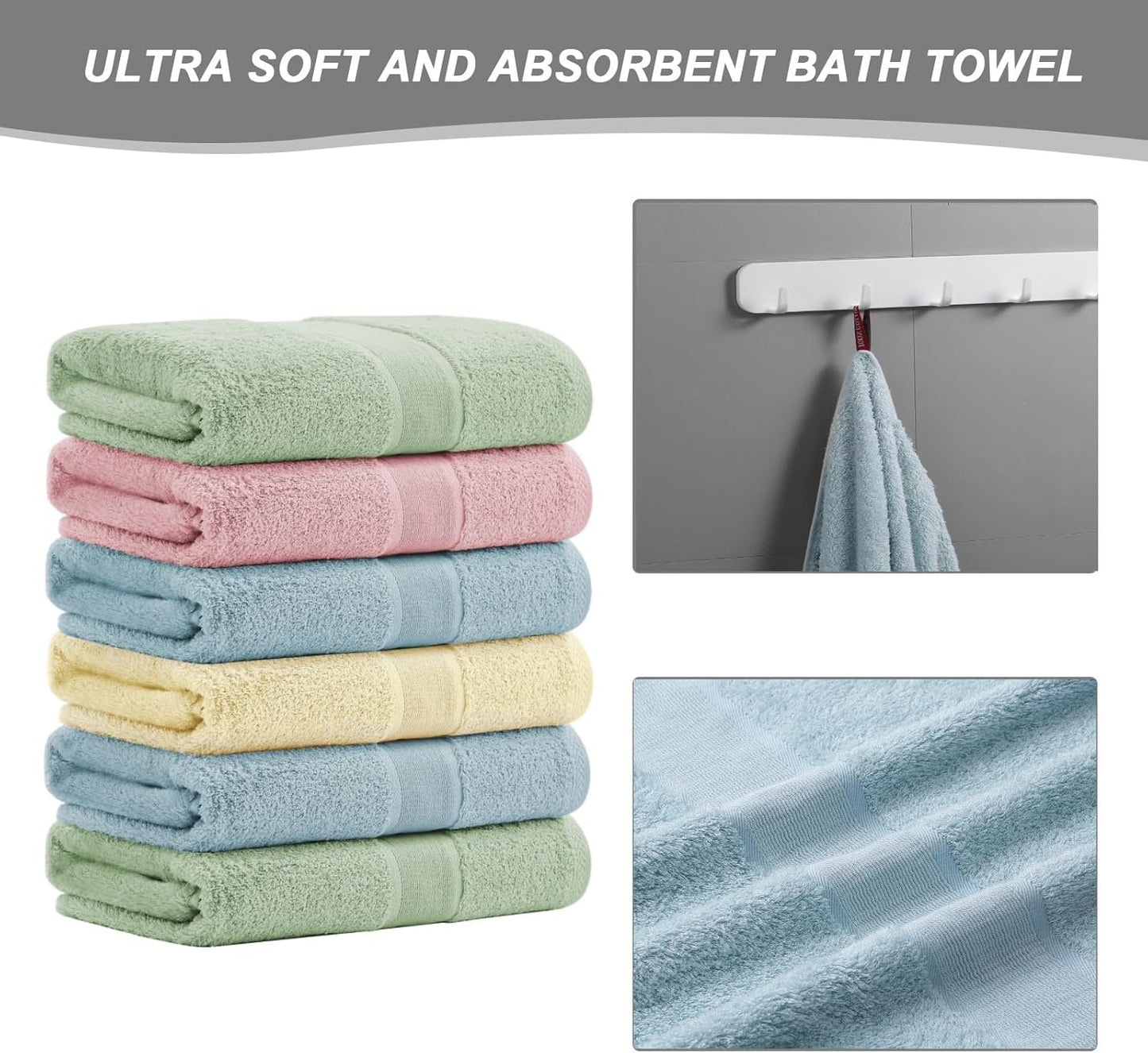Aibaser Bath Towels, 27x54inch - Natural, Ultra Absorbent Towels for Bathroom, Travel, Gym, Shower and Spa (6 Piece Set)