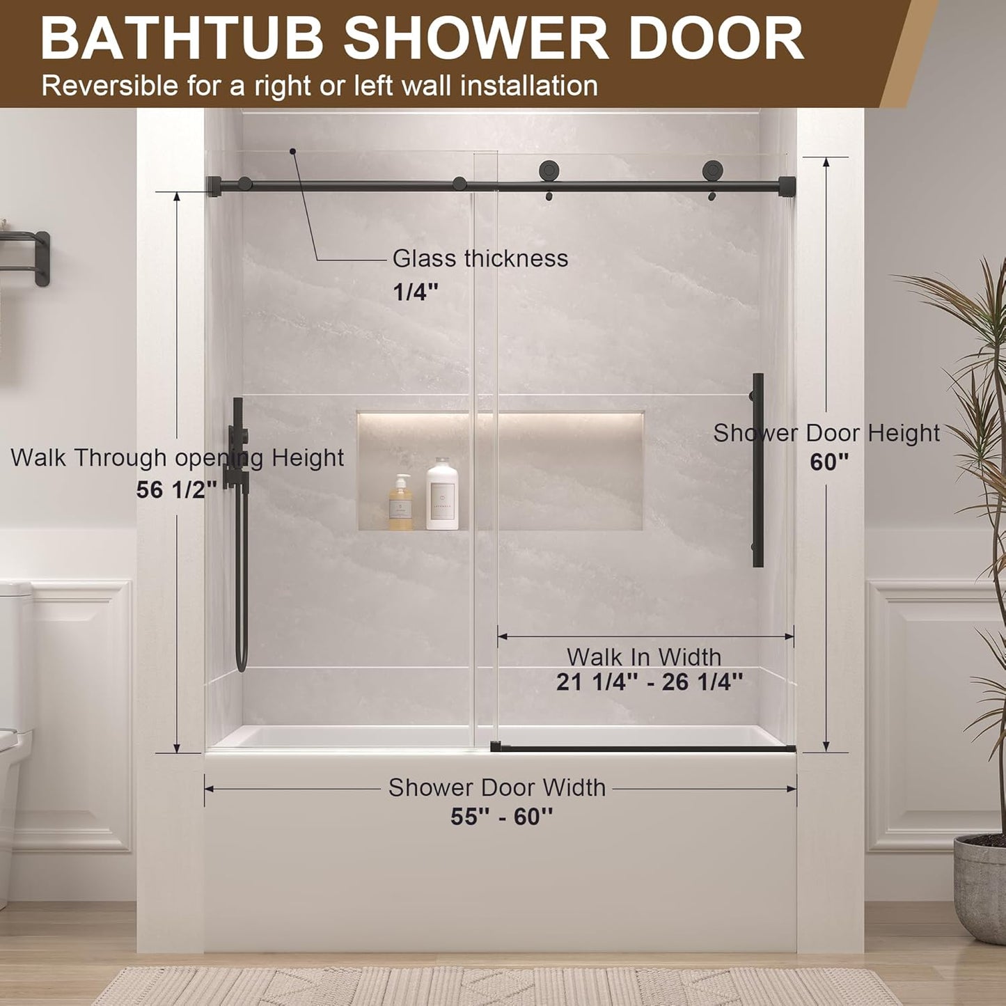 Frameless Bathtub Shower Door, 55-60" W x 60" H Sliding Tub Shower Door, 1/4''(6mm) SGCC Tempered Glass with Explosion-Proof Film Nano Coating, Stainless Steel Hardware, Matte Black