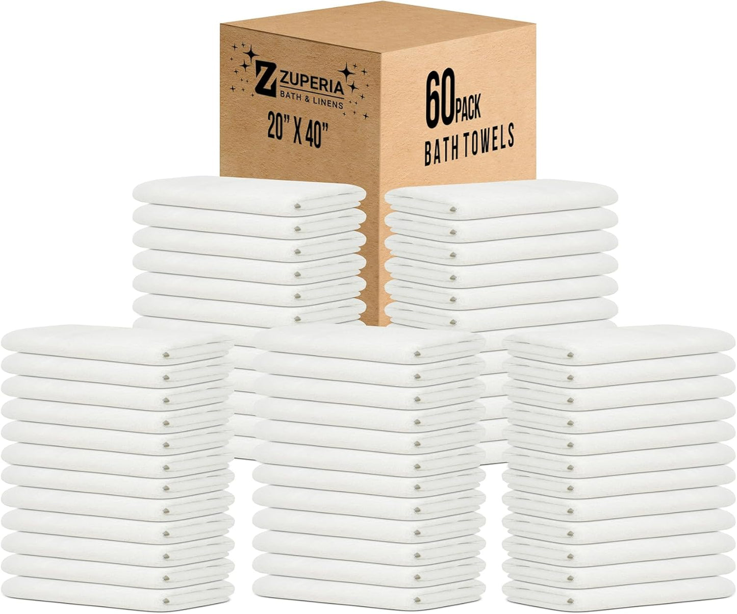 ZUPERIA White Bath Towels Bulk - 20 x 40 Inches, 100% Cotton Economy Light Weight Towels for Commercial Use - Quick Dry, Ultra-Soft, and Absorbent Bulk Towels (12, Bath Towel 20"x40")