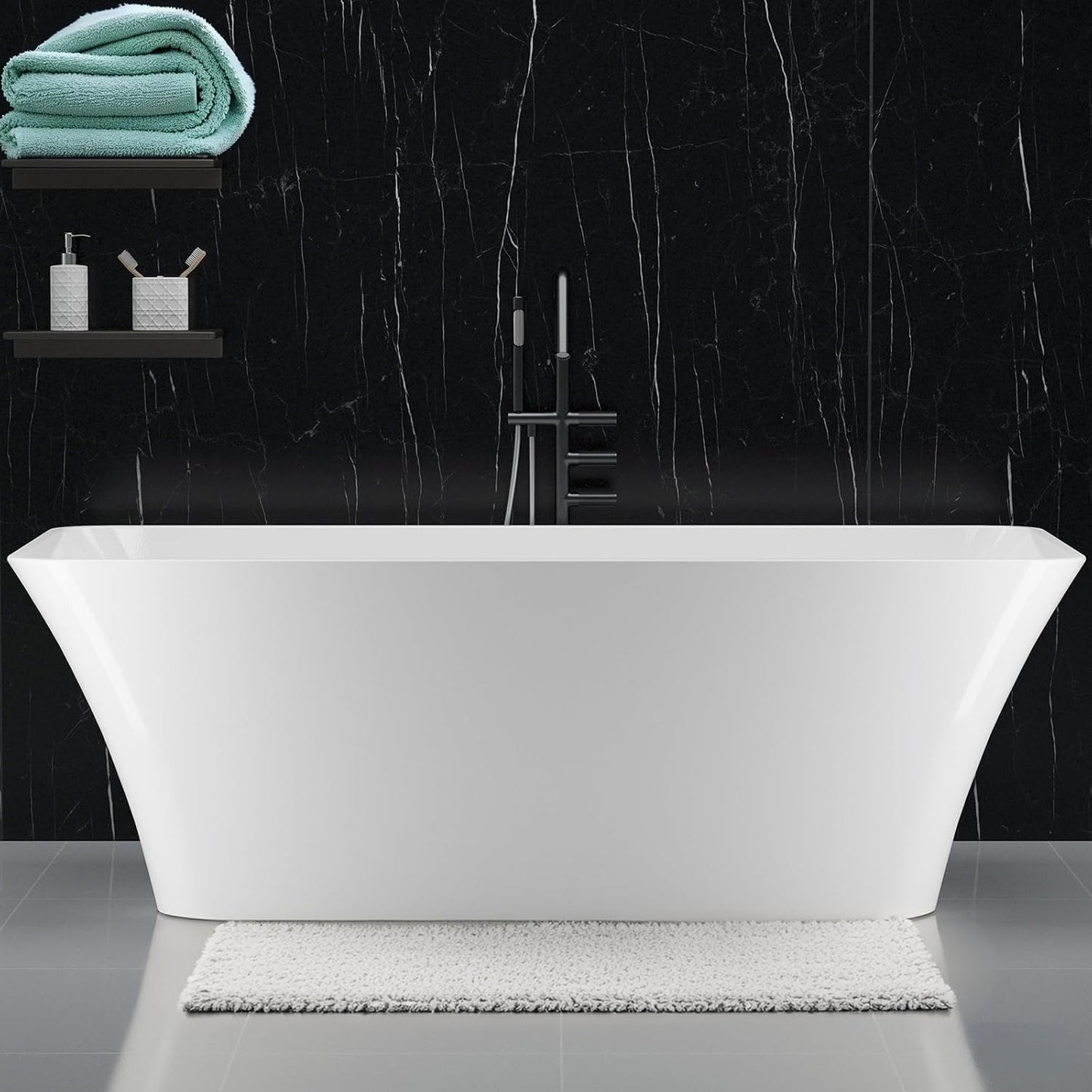 Freestanding Bathtub Black and White 59 inch Acrylic Tub with Chrome Drain, Ergonomic Stand Alone Bathtub for Small Space Modern Bathrooms