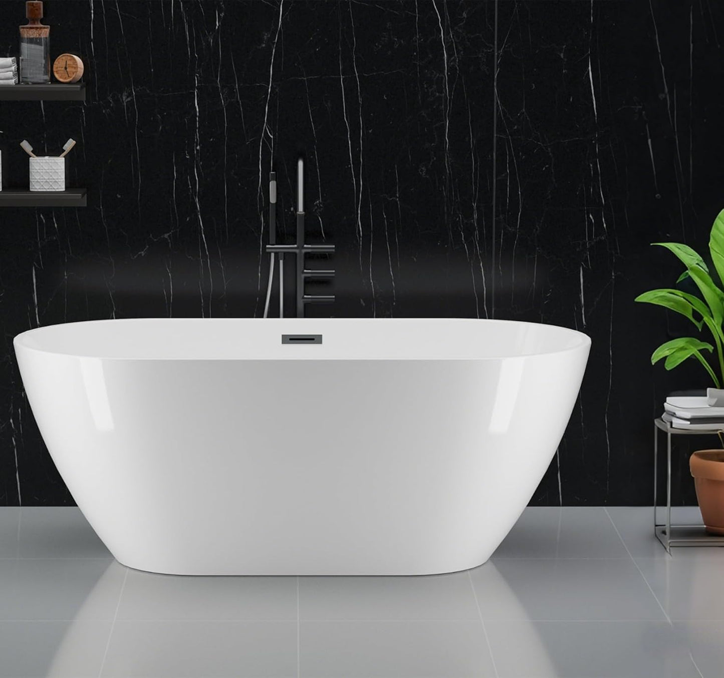 Freestanding Bathtub 59 Inch Acrylic Soaking Tub, Black and White Stand Alone Bathtub with Chrome Drain and Overflow, Space-Saving Freestanding Tub for Small Bathroom or Apartment