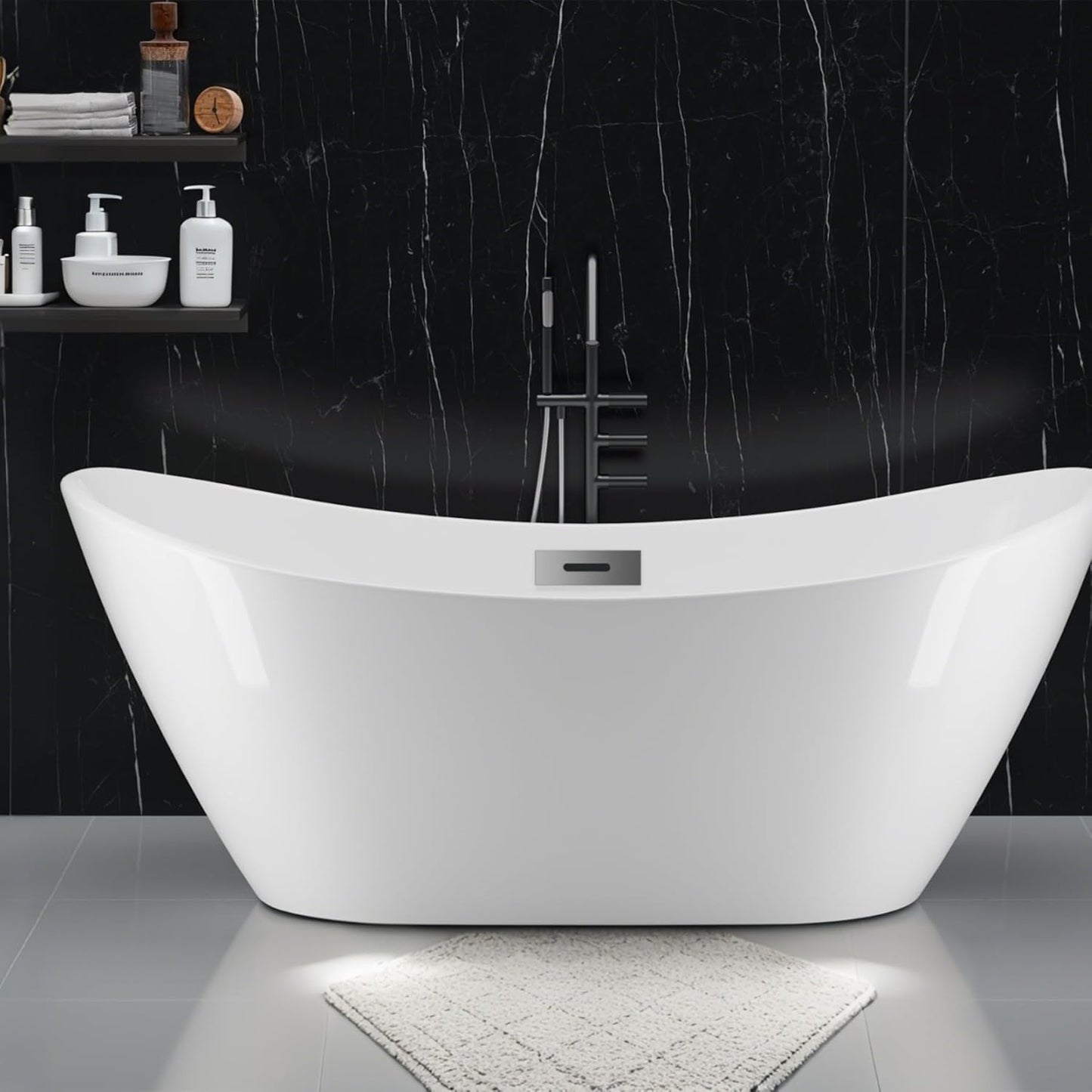Freestanding Bathtub 59 Inch Acrylic Soaking Tub, Black and White Stand Alone Bathtub with Chrome Drain and Overflow, Space-Saving Freestanding Tub for Small Bathroom or Apartment