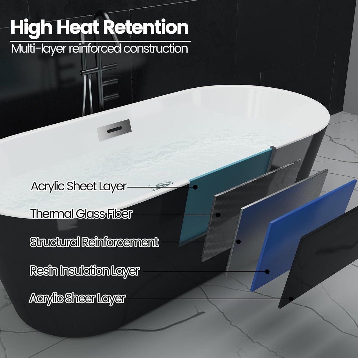 Freestanding Bathtub 59 Inch Acrylic Soaking Tub, Black and White Stand Alone Bathtub with Chrome Drain and Overflow, Space-Saving Freestanding Tub for Small Bathroom or Apartment
