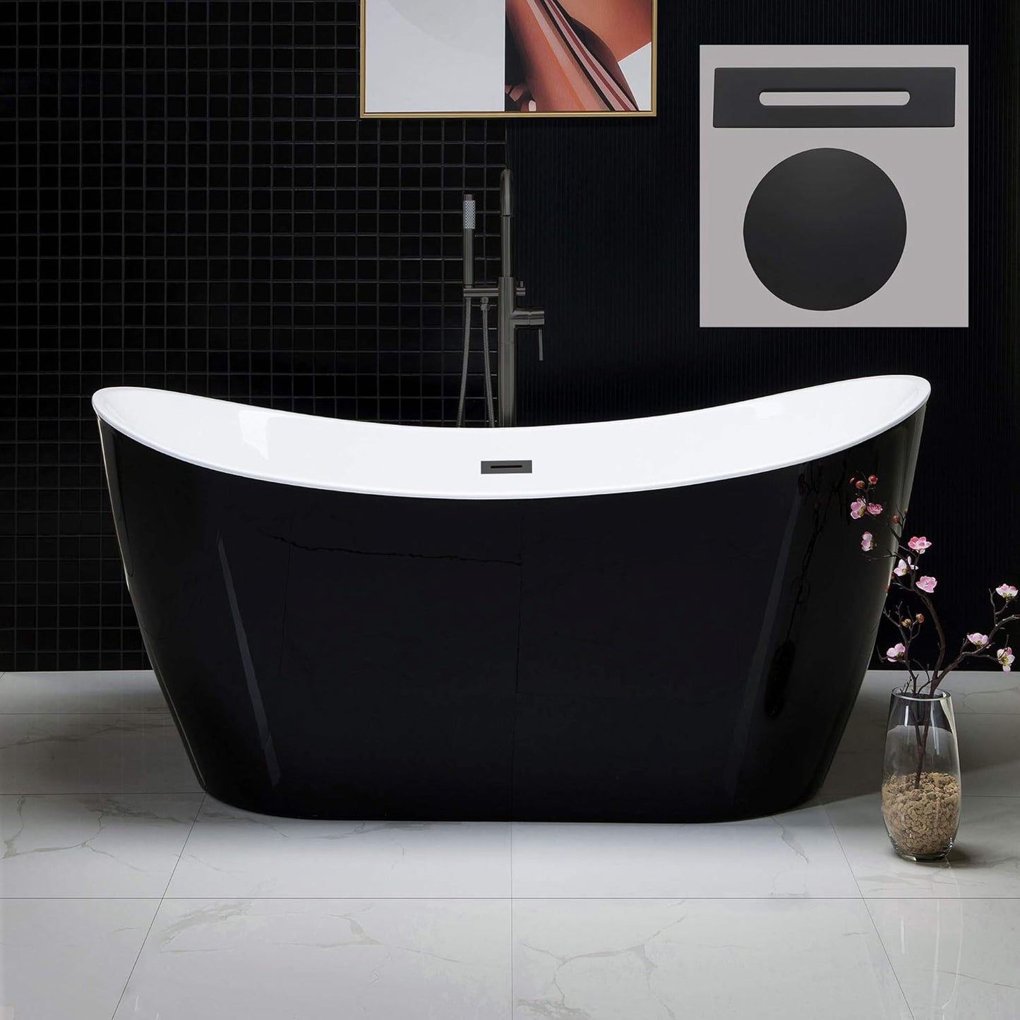 WOODBRIDGE 59" Acrylic Freestanding Bathtub Contemporary Soaking White Tub with Brushed Gold Overflow and Drain,BTA1516-BG-Drain-&O