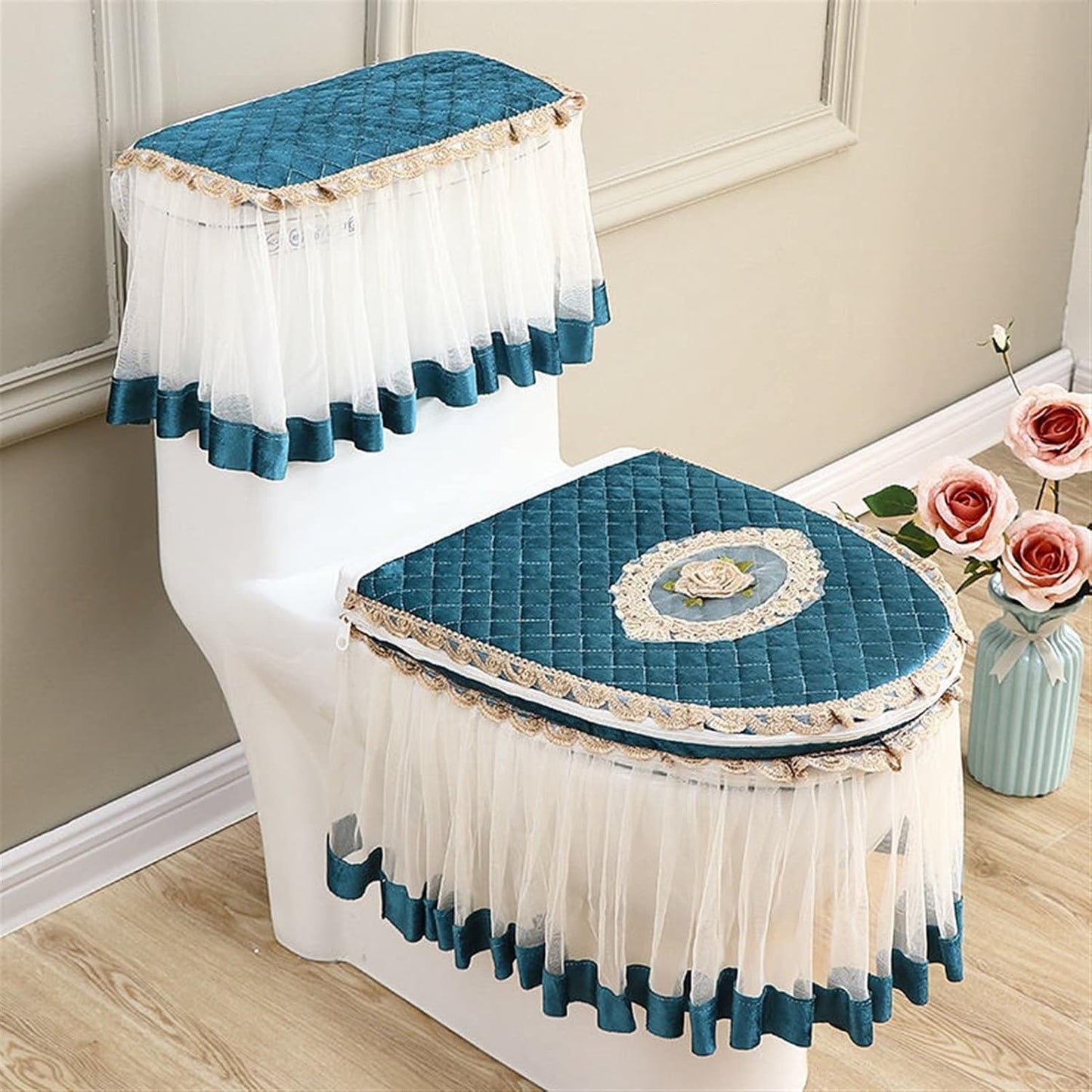 3pcs Toilet Seat Cover Green Gray Tank Cover Lace Decorative Toilet Case Bathroom Washable Closestool Seat Cover(Light Grey)