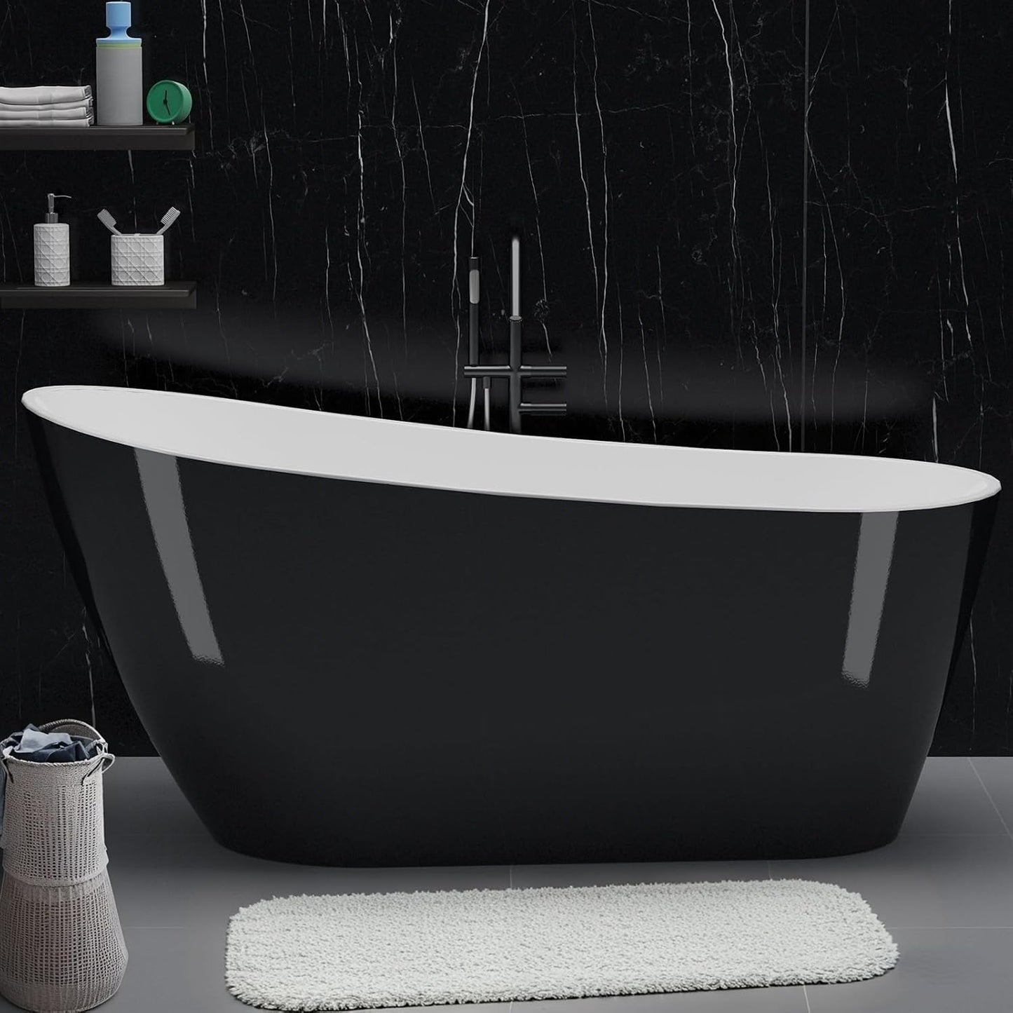 Freestanding Bathtub 59 Inch Acrylic Soaking Tub, Black and White Stand Alone Bathtub with Chrome Drain and Overflow, Space-Saving Freestanding Tub for Small Bathroom or Apartment