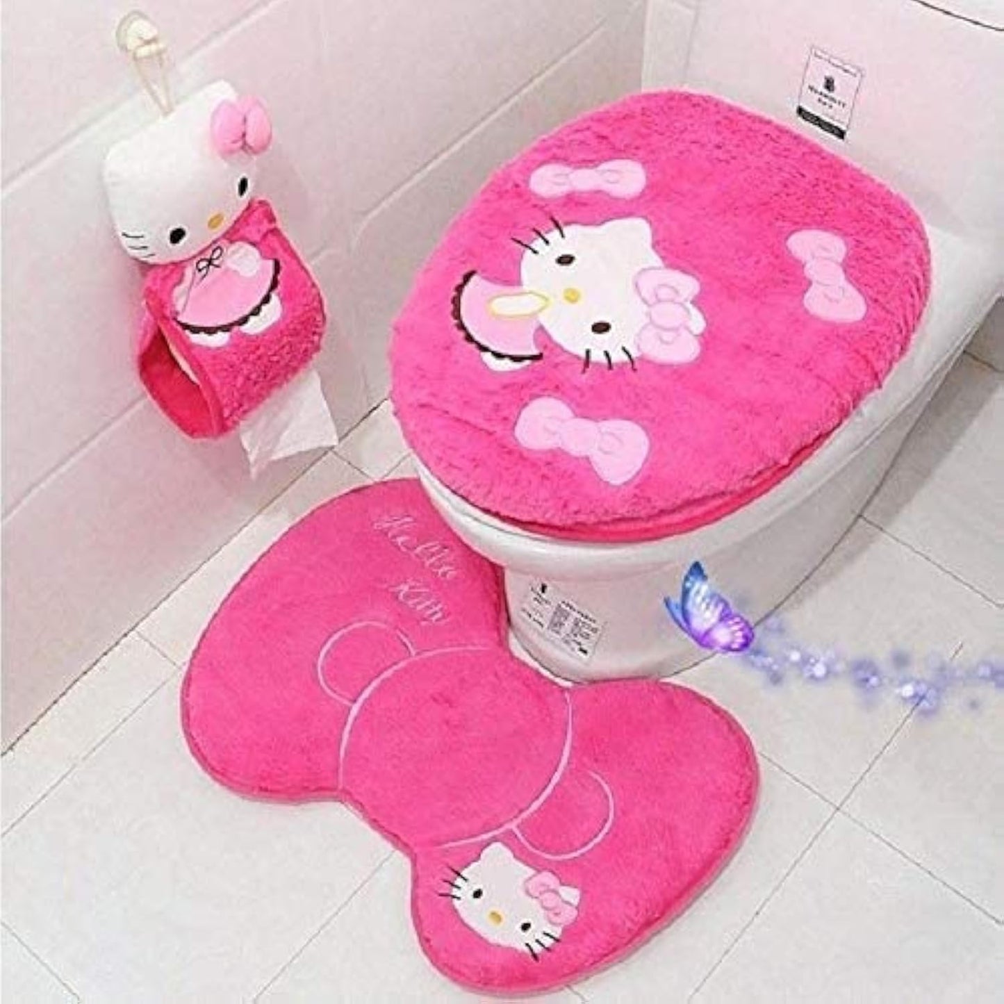 GVTTX Bath mat Cute Cartoon Pink 4 PCS Bathroom Set Toilet Cover WC Non Slip Bath Mat - Toilet Contour Rug Closestool Lid Cover, Seat Cushion,Tissue Box Set (Pink).