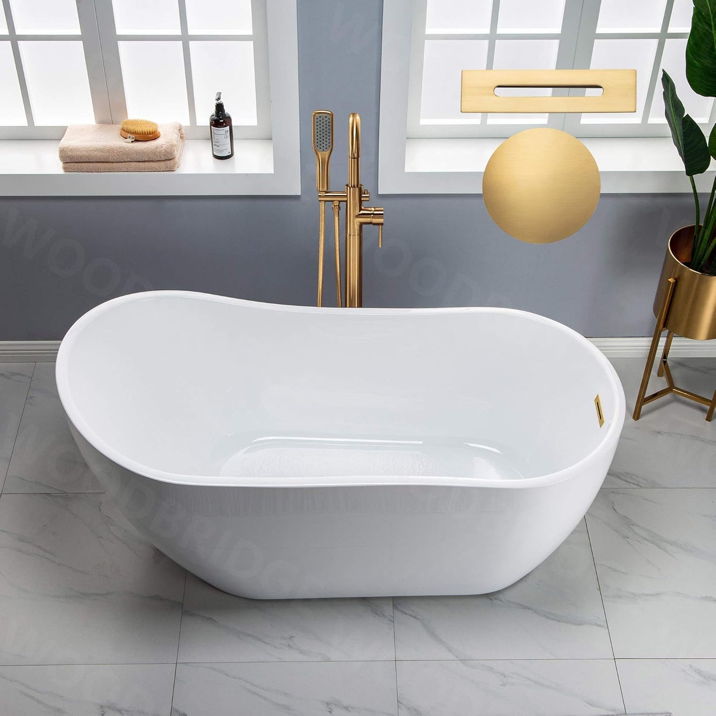 WOODBRIDGE 59" Acrylic Freestanding Bathtub Contemporary Soaking White Tub with Brushed Nickel Overflow and Drain,B-1530 -B/N-Drain &O