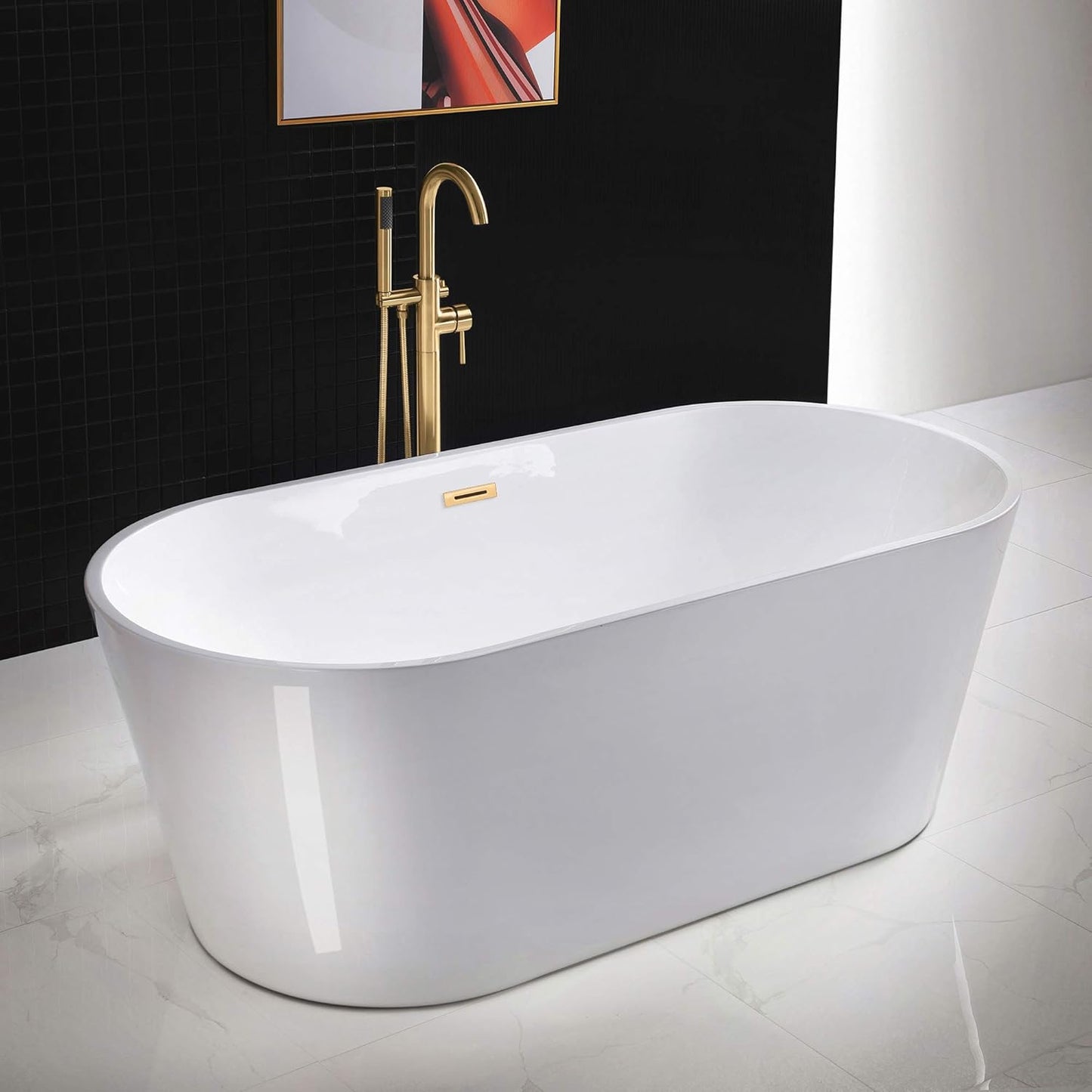 WOODBRIDGE 67" Acrylic Freestanding Bathtub Contemporary Soaking Tub, White Acrylic (Matte Black Drain/Overflow), B0013-MB-Drain &O