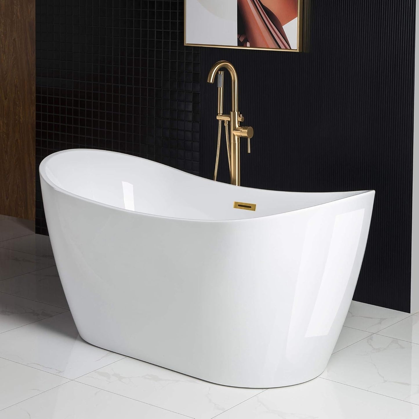 WOODBRIDGE 59" Acrylic Freestanding Bathtub Contemporary Soaking White Tub with Brushed Gold Overflow and Drain,BTA1516-BG-Drain-&O