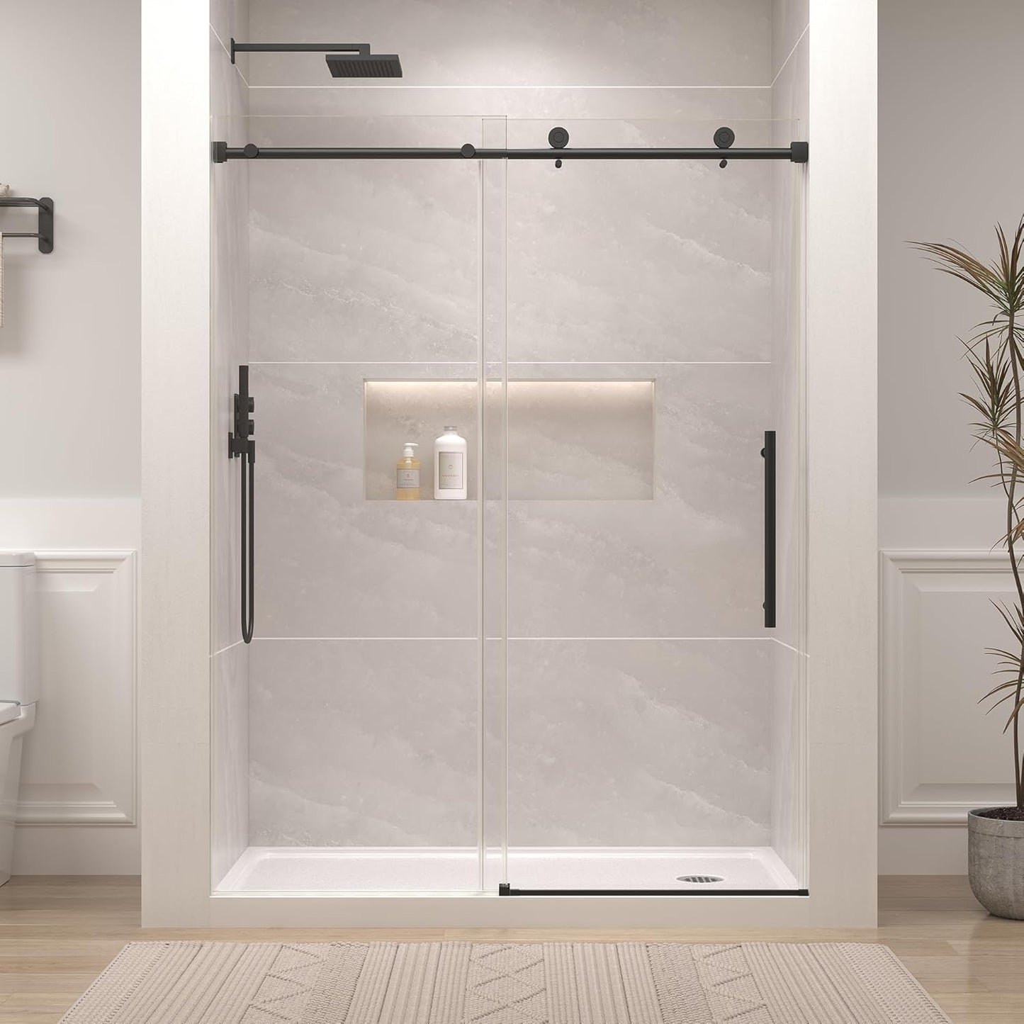 Frameless Bathtub Shower Door, 55-60" W x 60" H Sliding Tub Shower Door, 1/4''(6mm) SGCC Tempered Glass with Explosion-Proof Film Nano Coating, Stainless Steel Hardware, Matte Black