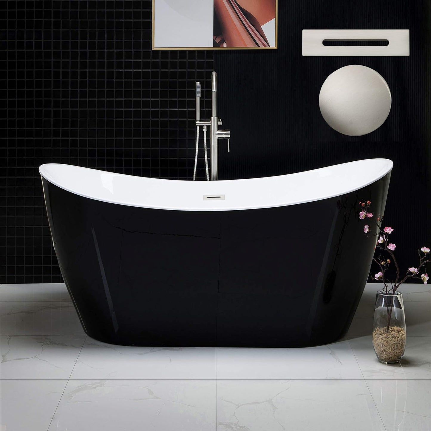 WOODBRIDGE 59" Acrylic Freestanding Bathtub Contemporary Soaking White Tub with Brushed Gold Overflow and Drain,BTA1516-BG-Drain-&O