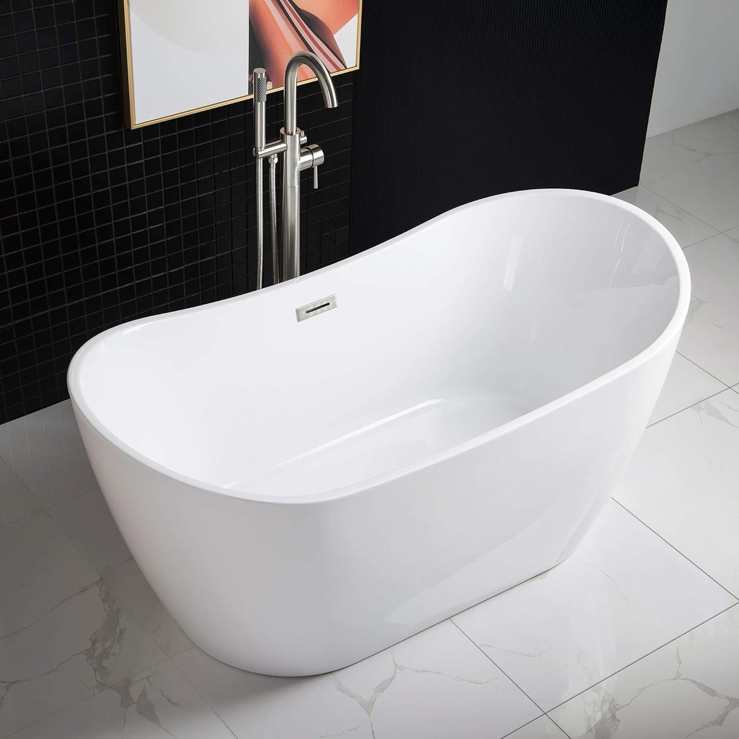 WOODBRIDGE 59" Acrylic Freestanding Bathtub Contemporary Soaking Tub with Brushed Nickel Overflow and Drain B-0016 -B/N-Drain &O