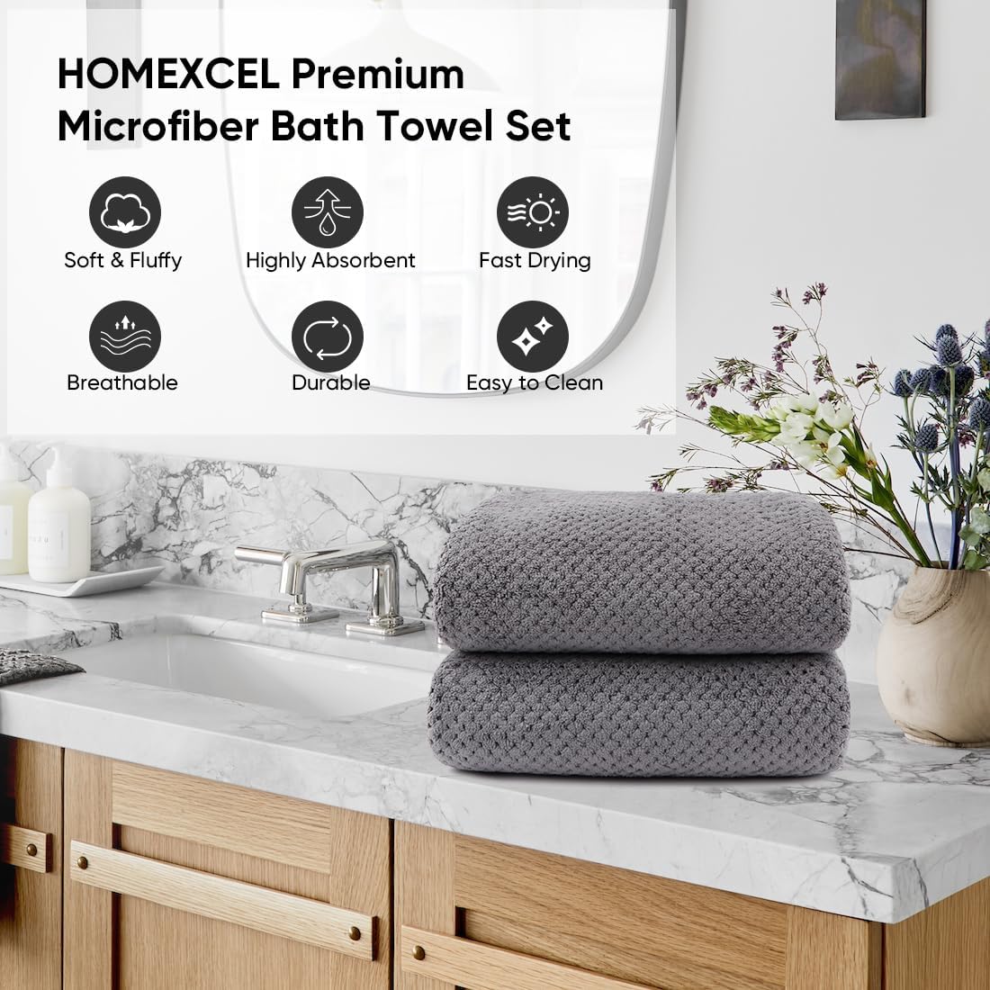 HOMEXCEL Bath Towels Pack of 2, (27 x 54 Inches) Microfiber Ultra Soft Highly Absorbent Bath Towel Set, Lightweight and Quick Drying Towels for Body, Sport, Yoga, SPA, Fitness, Grey