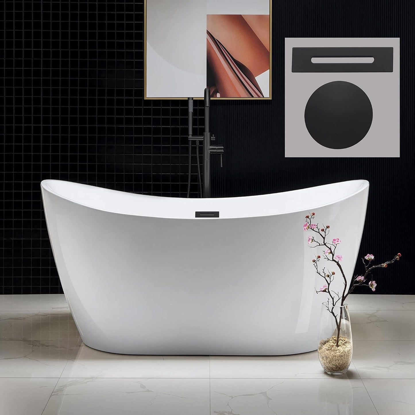 WOODBRIDGE 59" Acrylic Freestanding Bathtub Contemporary Soaking White Tub with Brushed Gold Overflow and Drain,BTA1516-BG-Drain-&O