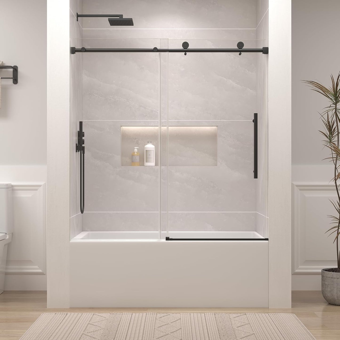 Frameless Bathtub Shower Door, 55-60" W x 60" H Sliding Tub Shower Door, 1/4''(6mm) SGCC Tempered Glass with Explosion-Proof Film Nano Coating, Stainless Steel Hardware, Matte Black
