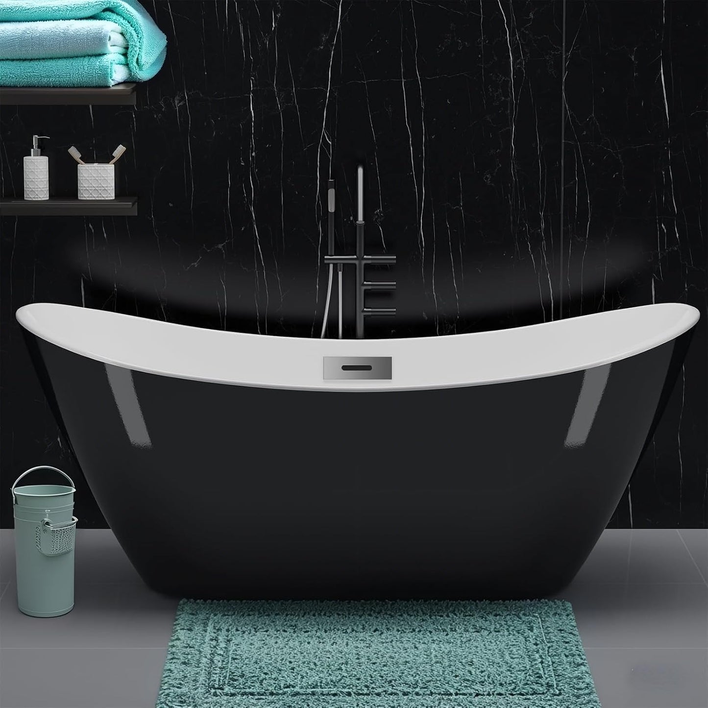 Freestanding Bathtub 59 Inch Acrylic Soaking Tub, Black and White Stand Alone Bathtub with Chrome Drain and Overflow, Space-Saving Freestanding Tub for Small Bathroom or Apartment
