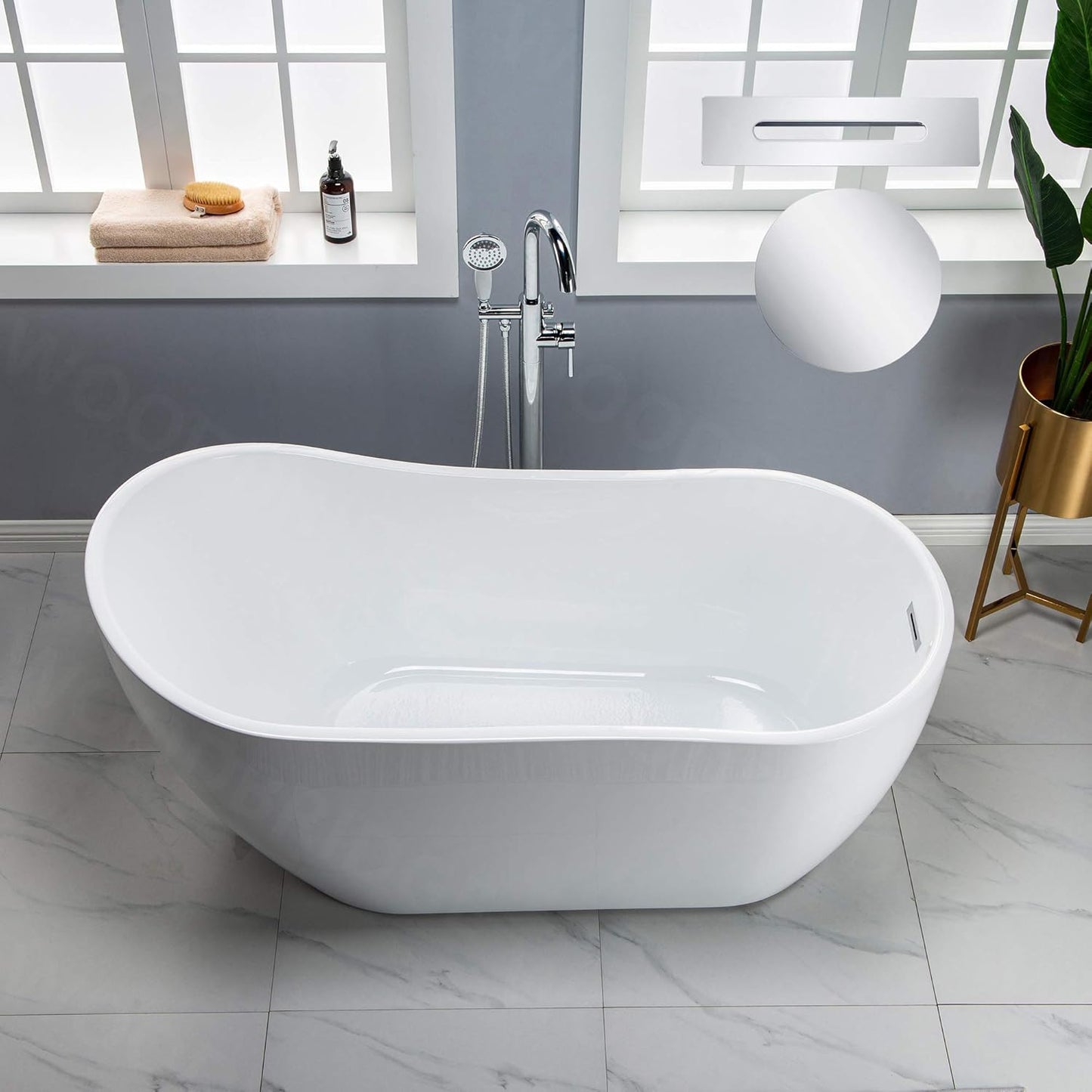 WOODBRIDGE 59" Acrylic Freestanding Bathtub Contemporary Soaking White Tub with Brushed Nickel Overflow and Drain,B-1530 -B/N-Drain &O
