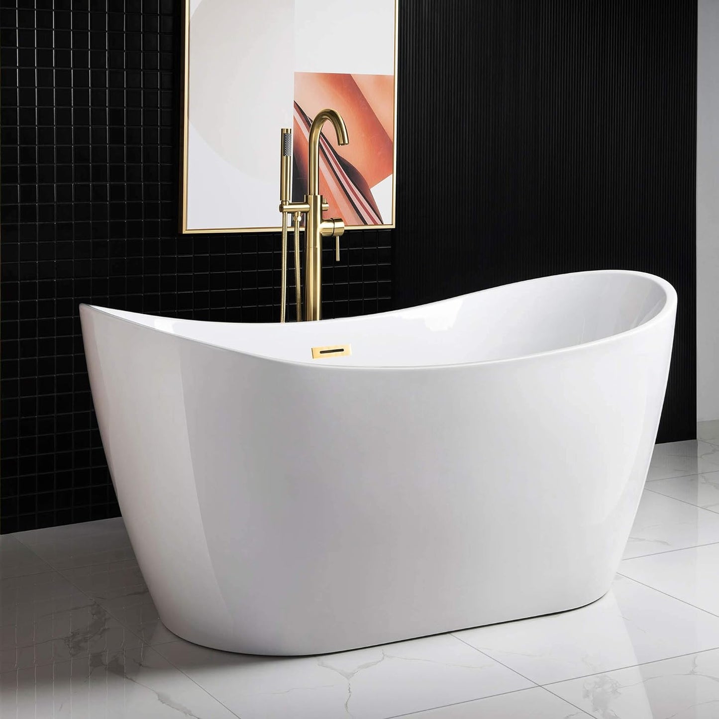 WOODBRIDGE 59" Acrylic Freestanding Bathtub Contemporary Soaking White Tub with Brushed Gold Overflow and Drain,BTA1516-BG-Drain-&O