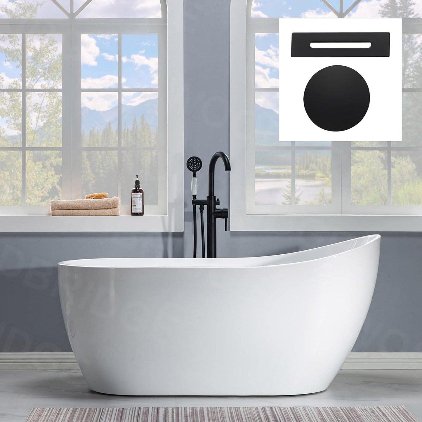 WOODBRIDGE 59" Acrylic Freestanding Bathtub Contemporary Soaking White Tub with Brushed Nickel Overflow and Drain,B-1530 -B/N-Drain &O