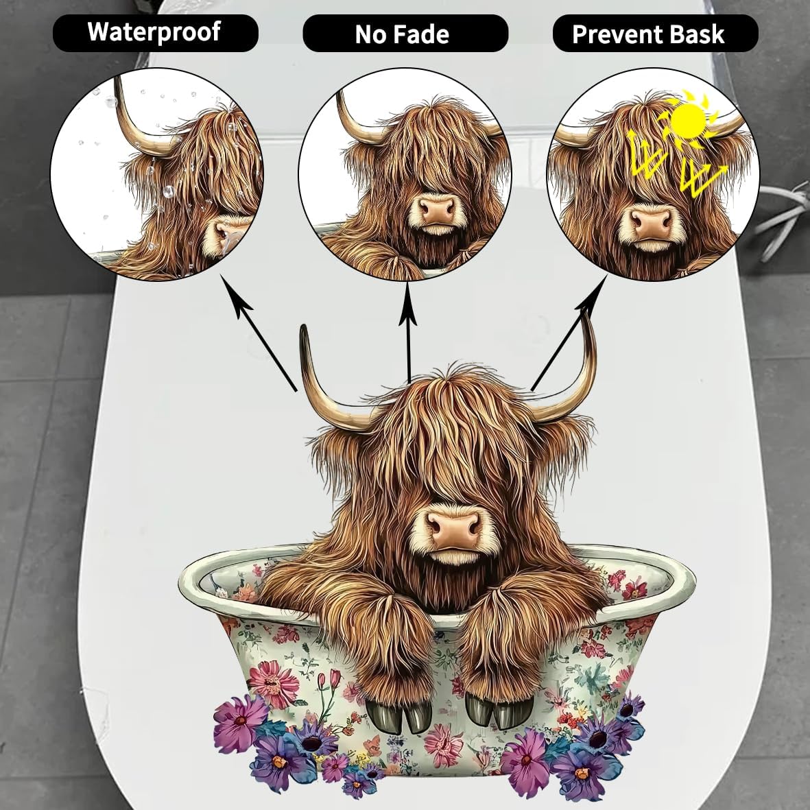 1pcs Cattle Toilet Lid Stickers, Toilet Tank Lid Decals Waterproof, Cartoon Cute Closestool Seat Decals, Bathroom Restroom Door Seat Decoration (Bathing Cattle)