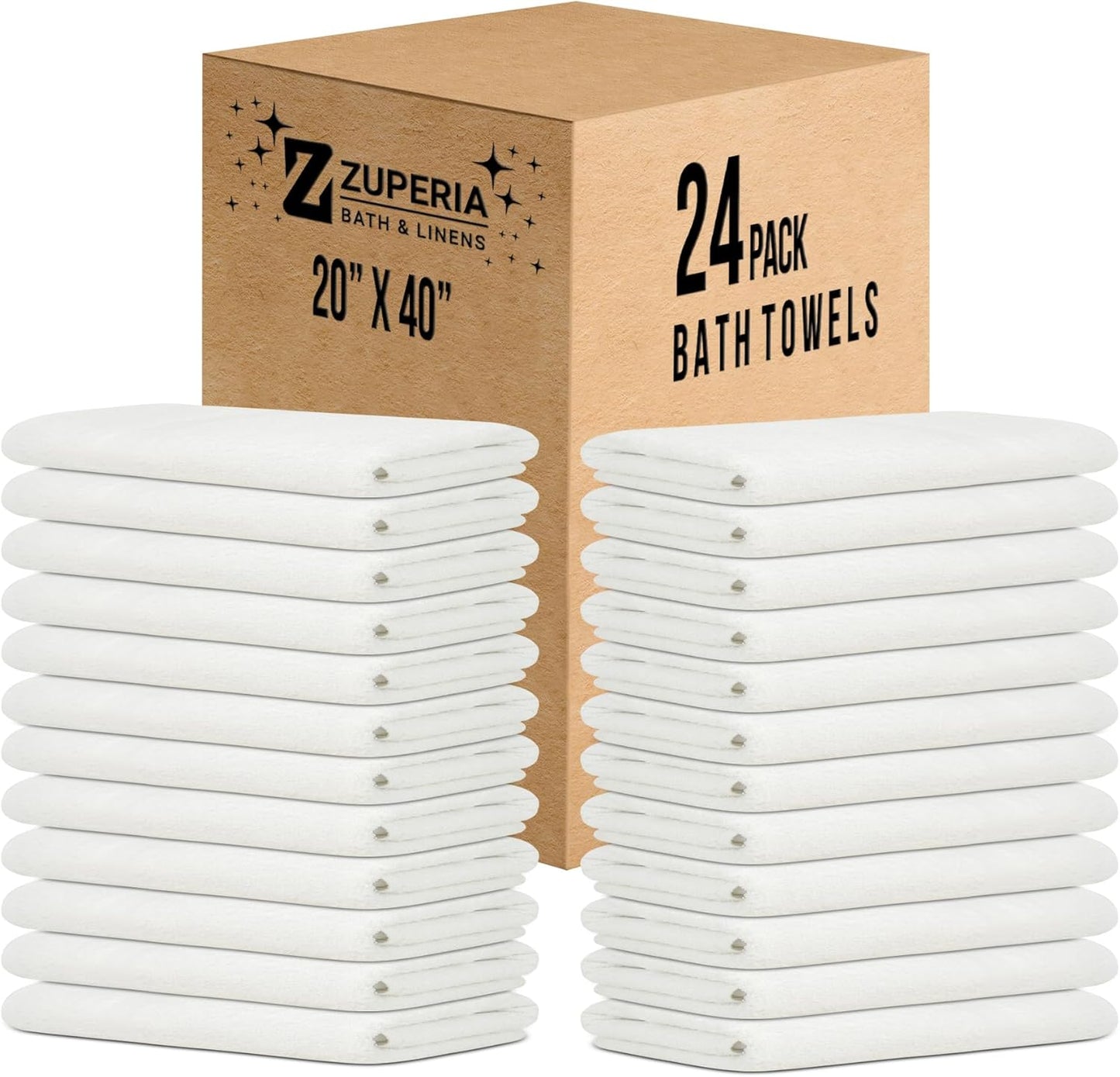 ZUPERIA White Bath Towels Bulk - 20 x 40 Inches, 100% Cotton Economy Light Weight Towels for Commercial Use - Quick Dry, Ultra-Soft, and Absorbent Bulk Towels (12, Bath Towel 20"x40")