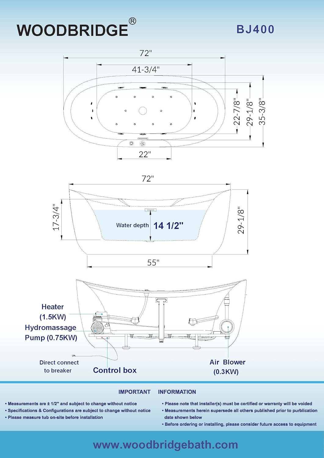 WOODBRIDGE 72" x 35-3/8" Whirlpool Water Jetted and Air Bubble Freestanding Heated Soaking Combination Bathtub with LED control panel, BJ400