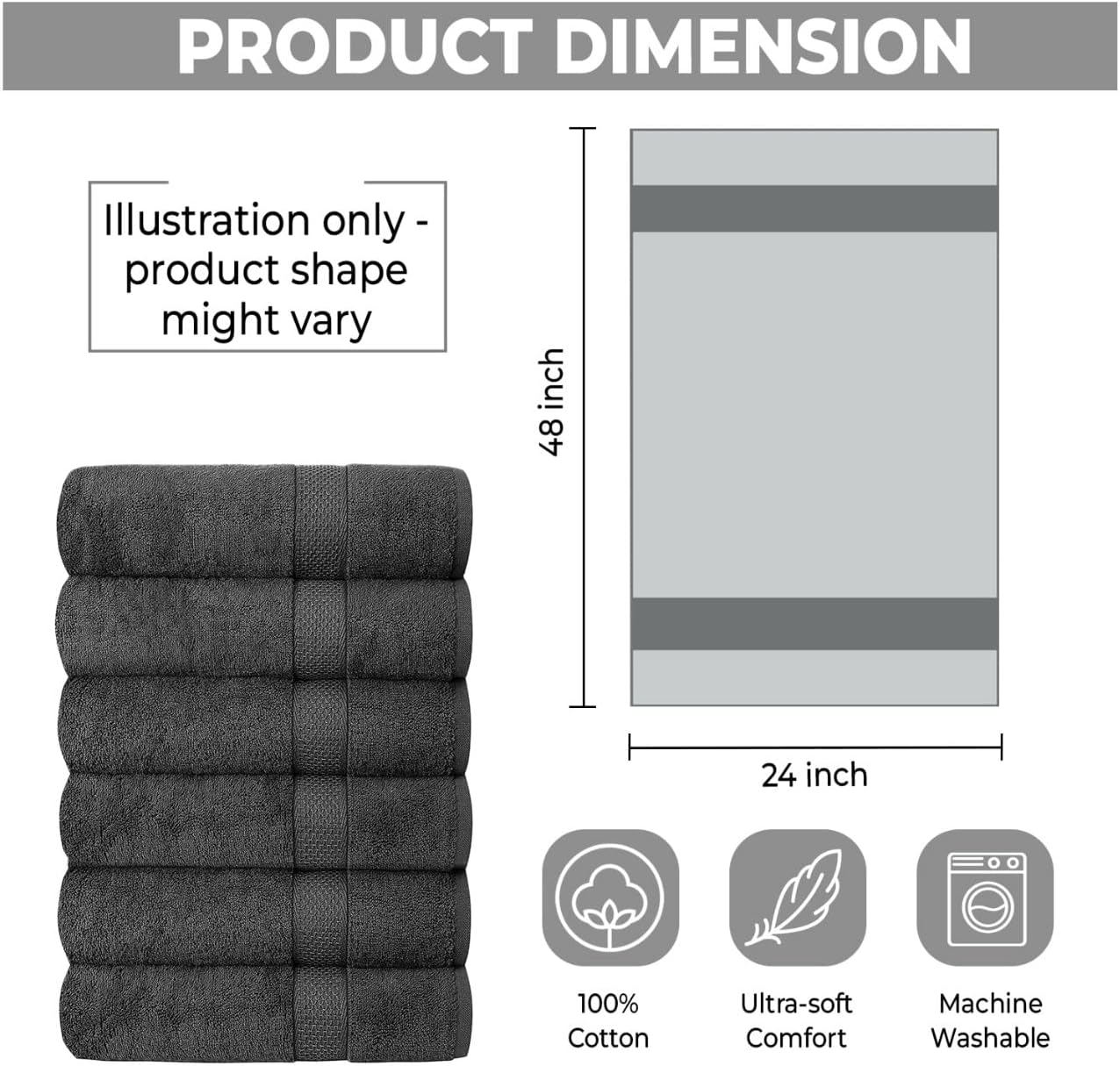 Hotel & Spa 100% Cotton Bath Towels Pack of 6, Ultra Soft, Quick Dry, Lightweight, Highly Absorbent, Perfect for Shower, Spa, Gym, Pool, Hotel, Resort & Daily Use (Grey - 24x48 Inches)