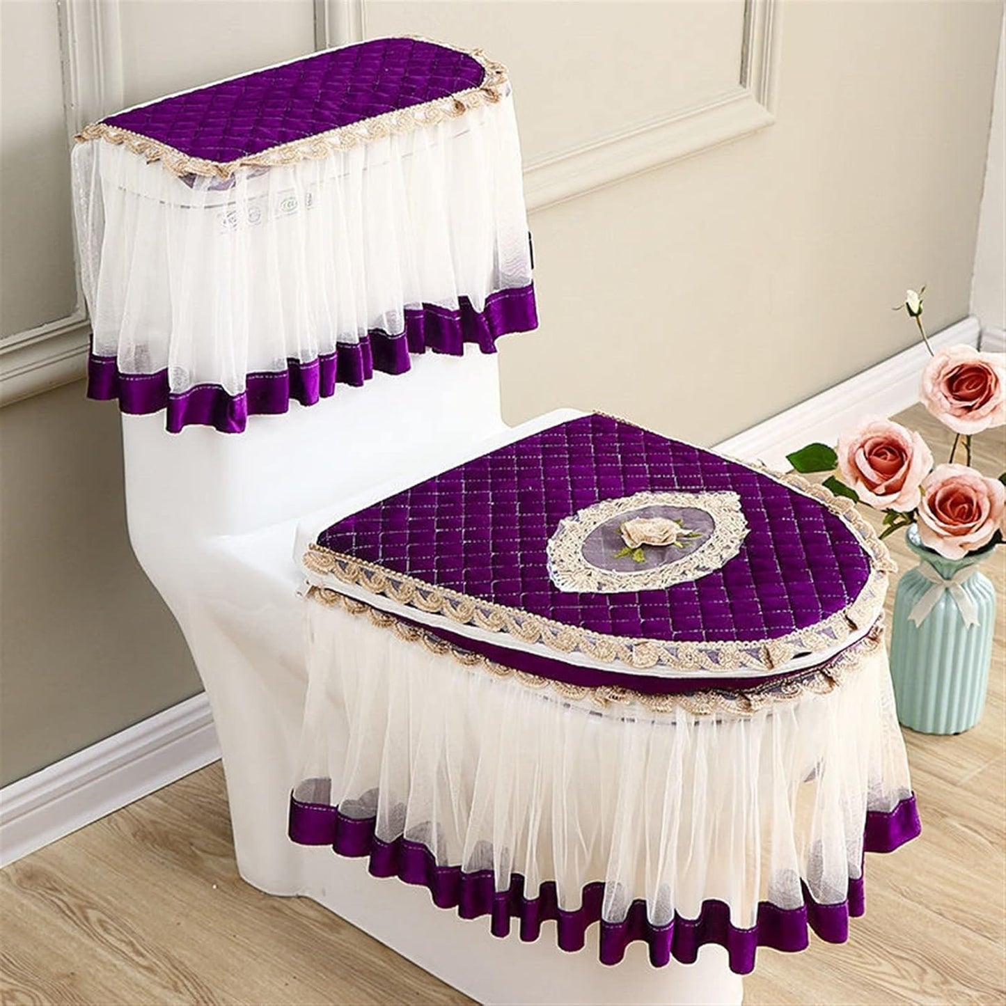 3pcs Toilet Seat Cover Green Gray Tank Cover Lace Decorative Toilet Case Bathroom Washable Closestool Seat Cover(Light Grey)